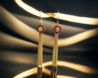 Boucles d'oreilles plumeau rouge et or, plaqué or 18 carats