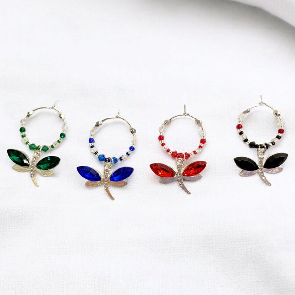 Jeweled Dragonfly Wine Charms set of 4 in Emerald, Sapphire, Ruby and Onyx colored crystals.