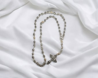 Handmade Cathedral Czech glass beads and natural white pearl, silver rosary