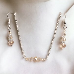 Peach blush and Crystal bead bar necklace and matching drop earrings set