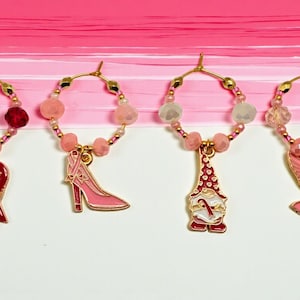 Awareness Drink Markers, Pink World, Ferse, Gnom und Taube Anhänger, mit Hell Rosa Perlen und vergoldeten Haltern