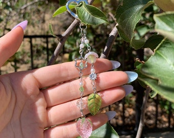 pink strawberry beaded keychain / pearl / sparkly / flower / colors / leaf / green / dainty / fairy / heart / valentines