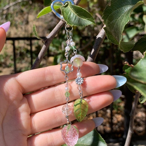 Pink Strawberry Beaded Keychain / Pearl / Sparkly / Flower / Etsy