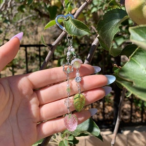 pink strawberry beaded keychain / pearl / sparkly / flower / colors / leaf / green / dainty / fairy / heart / valentines