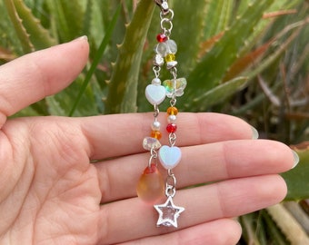 silver crystals beaded keychain / pearl / iridescent / water drop / colors / stars / butterfly / dainty / fairy / quartz / valentines