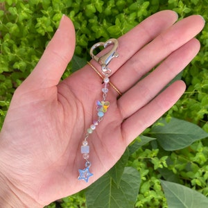 single strand / silver crystals beaded keychain / pearl / iridescent / colors / stars / butterfly / dainty / fairy / quartz / valentines