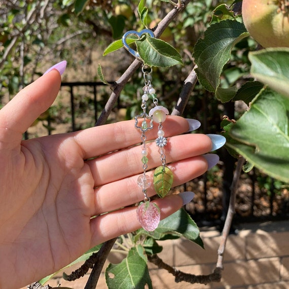 Pink Strawberry Beaded Keychain / Pearl / Sparkly / Flower / Etsy
