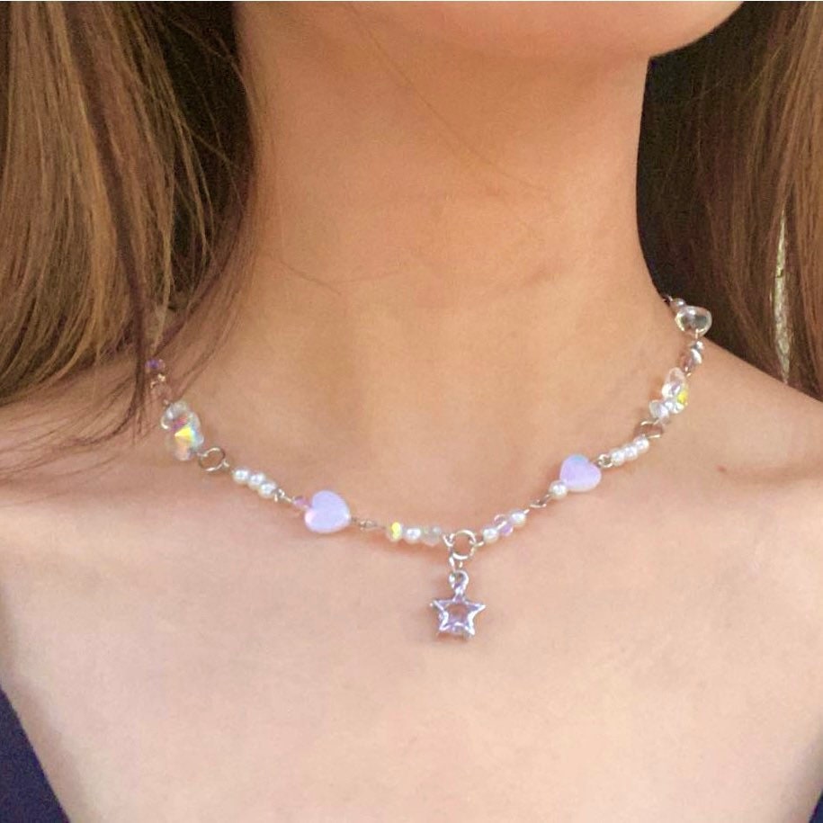 ★HAS★ HLD029 Crystal pearl bead necklace Silver Crystal Beaded Necklace / Pearl / Iridescent / Stars