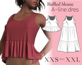 Moldes para blusa com babados e vestido evasê: 12 tamanhos (PDF)