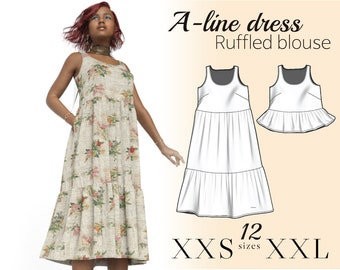 Molde para vestido evasê e blusa com babados: XXS-XXL (Download em PDF)