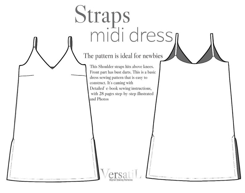 Midi Dress Straps Dress Aline Dress Pattern PDF Sewing Pattern Women Instant Download Easy