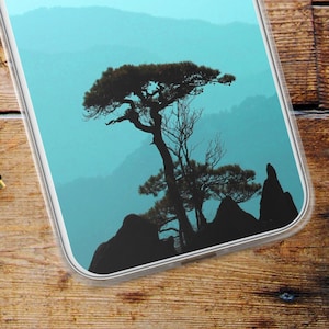 Custodia per iPhone Pine Tree Teal, Custodia per telefono Mountain per iPhone 16 15 Pro Max 14 13 12, Custodia per telefono Nordic Scandinavian, Cover con paesaggio astratto