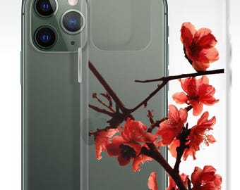 Red Flower iPhone Case Clear, Floral Phone Case for iPhone 16 15 14 Pro Max 13 12 11 Plus, Peach Blossom Cottagecore Phone Cover Transparent
