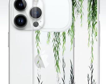 Real Weeping Willow Phone Case Clear for iPhone 16 15 14 Pro Max 13 12, Blue Green Fine Art Phone Case, Tree Leaf Botanical Case Transparent