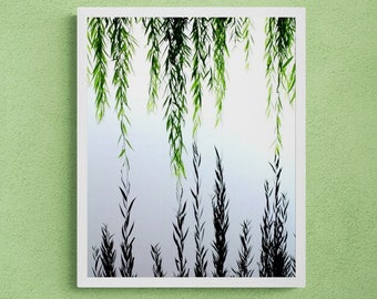 Weeping Willow Wall Art Print 24x36 Unframed, Blue Green Abstract Lake House Home Decor 60x90cm,Minimalist Tree Leaves Reflection Wall Decor