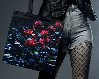 Gothic Red Roses Tote Bag: Crimson Goth Tote Bag, Romantic Dark Floral Bag,  Dark Academia All-Weather Carry-All