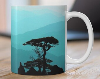 Pine Tree Mug 11oz/15oz, Mountain Mug Teal, Nordic Coffee Mug, Farmhouse Mug, Scandinavian Mug, Turquoise Coffee Mug Ceramic