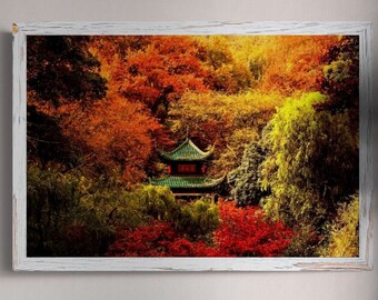 Red Leaf Wall Art Print 24x36,  Rustic Mountain Poster, Fall Forest Decor for Cabin / Lodge 60x90 cm, Traditional Chinese Pavilion Art Print