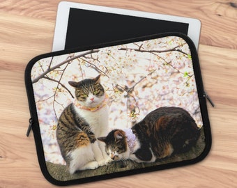 Kawaii Japan Cat iPad Case, Cute Japanese Pet/Animal iPad Cover, Cherry Blossom Art Tablet Sleeve 7"/10", Gift for Japan/Cat Lover