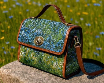 Bolso "No me olvides" azul y verde, cartera con flores silvestres, cartera con flores folclóricas, bolso bandolera estilo cottagecore, bolso bohemio de lona, cartera vintage con cierre de giro.