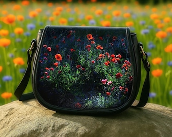 Red Poppy-zadeltas met wilde bloemen, crossbodytas voor volkskunst, donkere Cottagecore-portemonnee, crossbody-handtas met heksenbloemen, boho-bloementas