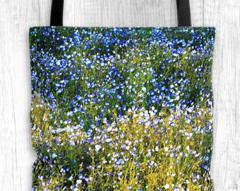 Wildflower Tote Bag Blue Green, Forget Me Not Bag, Scandinavian Tote, Dark Floral Tote, Pastel Carry-All, Alpine Meadow Wild Flower Boho Bag