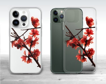 Red Flower Clear Phone Case for iPhone 14/13/12, Art Deco Floral Clear iPhone Case, Peach Blossom Aesthetic Chinoiserie Transparent Cover