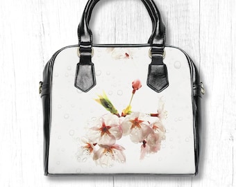 White Sakura Flower Handbag, Japanese Minimalist Leather Handbag, Cherry Blossom Purse, White Spring Flower Bag, Gift for Mom/Bridesmaid