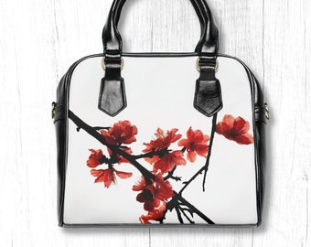 Red Peach Flower Handbag Japanese Aesthetic, Art Deco Floral Purse, Minimalist Boho Leather Handbag, Chinoiserie Bag, Artsy Gift for Mom/Her