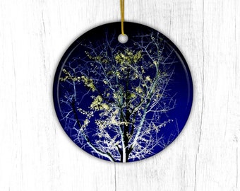 Gingko Ornament Gold Blue, Fall Tree Keepsake, Dark Botanical Ornament "Starry Fall", Maidenhair Tree Decor, Original Art Xmas Decor