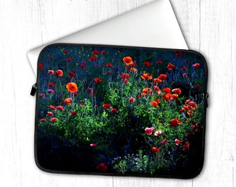 California Poppy Laptop Sleeve, Crimson Red Poppy Flower Meadow Case for MacBook Air/Pro 13/14/15/16, Dark Botanical Cover, Boho Floral Case