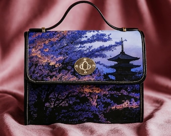 Japanese Cherry Blossom Satchel Bag: Kyoto Pagoda Crossbody Cottagecore Purse, Boho Canvas Handbag, Turnlock Satchel for Japan / Anime Fan