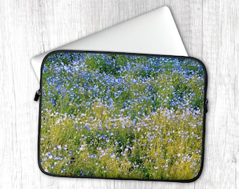 Forget Me Not Laptop Sleeve: Wildflower MacBook Case, Olive Green Alpine Meadow, Floral Neoprene Case, Blue Green Nature Laptop Bag Zippered