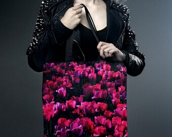 Romantic Red & Pink Tulip Tote Bag: Dark Floral Spring Shopping Bag, Dutch Masters Style, Water Resistant Carry-All for Flower Lover