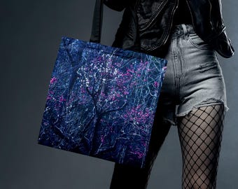 Navy Blue Dark Blossom Tote Bag for Goth: Gothic Tote Bag Floral Aesthetic, Dark Academia Bag With Tree Art, Dark Cottagecore Bag