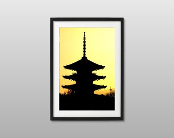 Towers of Kyoto Print, Kyoto Pagoda & TV Tower Sunset Silhouette Wall Art, Japanese City at Dusk Photo Art Print, Fine Art Photography