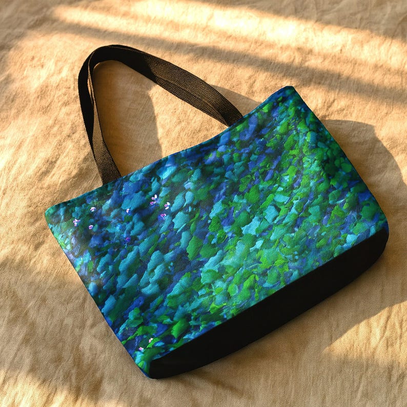 Mint Green Weekender Tote Bag: Lotus Pattern, Seafoam Green, Oversized Beach Bag , Coastal Picnic Carryall, Tropical Teal Cottagecore Bag image 1