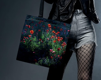 California Poppy Tote Bag Wildflower, Crimson Red Poppy Tote Flower Meadow, Boho Floral Bag Cottagecore, Dark Botanical Carry-All Nature Bag