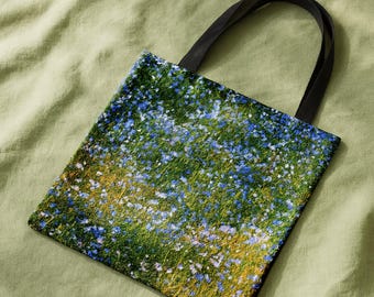 Forget Me Not Wildflower Tote Bag: Alpine Flower Meadow Cottagecore Tote, Blue Green Shopping Bag, Scandinavian Boho Carry-All