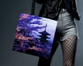 Japanese Cherry Blossom Tote Bag: Sakura Anime Bag, Kyoto Pagoda Carry-All Bag, Floral All-Weather Tote, Purple Boho Bag