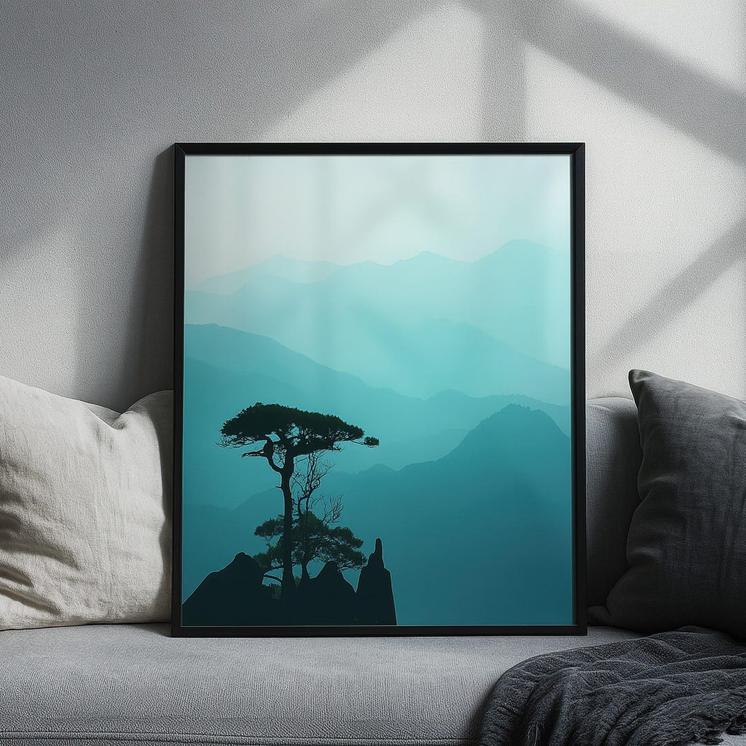 Teal Pine Tree Mountain Poster: Vertical Landscape Wall Art Print ...