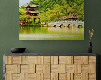 Lush Green Mountain Lake Wall Art Print 24x36, Chinese Landscape Wall Decor for Office & Home, Yunnan Art Print Above Bed/Couch Unframed