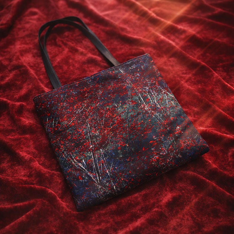 Mörk höstgoth-tygväska: Röd och svart gotisk tygväska, barock Vanitas-tygväska, häxväska i naturstil, mörk akademisk väska, present till goth bild 8