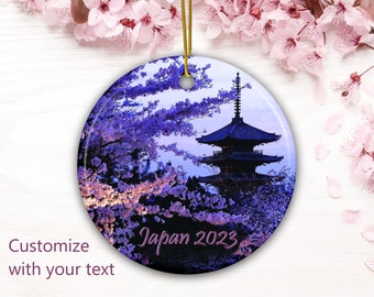 Japanese Cherry Blossom Ornament Anime, Personalized Japan Travel Keepsake, Sakura Flower Bouquet Photo Charm, Kyoto Pagoda Holiday Decor