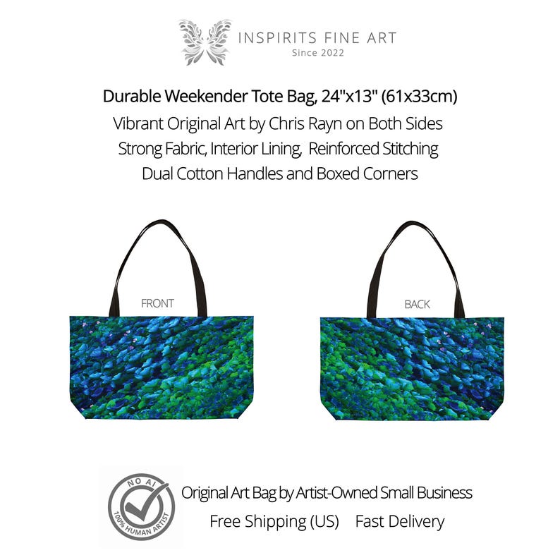 May include: Durable weekender tote bag with vibrant original art by Chris Rayn. The bag measures 24" x 13" (61x33cm) and features dual cotton handles and boxed corners. The front and back of the bag display a blue and green abstract design.