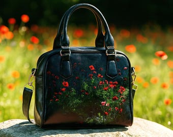 Bolso de mano con flores silvestres de amapola, estilo cottagecore, con estética floral oscura, bolso de cuero negro gótico de bruja, bolso bohemio botánico, regalo para góticos.