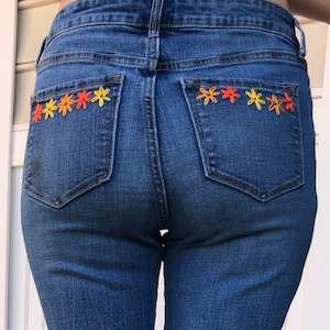 May Flowers handgeborduurde oude marineblauwe skinny jeans voor dames maat 36