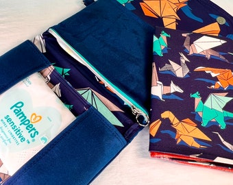 Canvas and Waxed Canvas Diaper Clutch, with changing pad, Origami Dragons, in Cobalt.