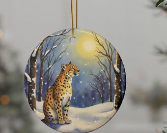 Personalized Animal Christmas Ornament, Round Ceramic, Moonlit Winter Forest Design, Custom Made to Order Woodland Gift