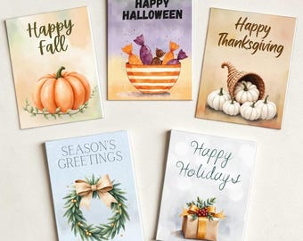Seasonal Greeting Cards Set, Autumn Watercolor Cards (5 Designs), Fall & Winter Holiday Card Bundle, Cute Holiday Cards Pack